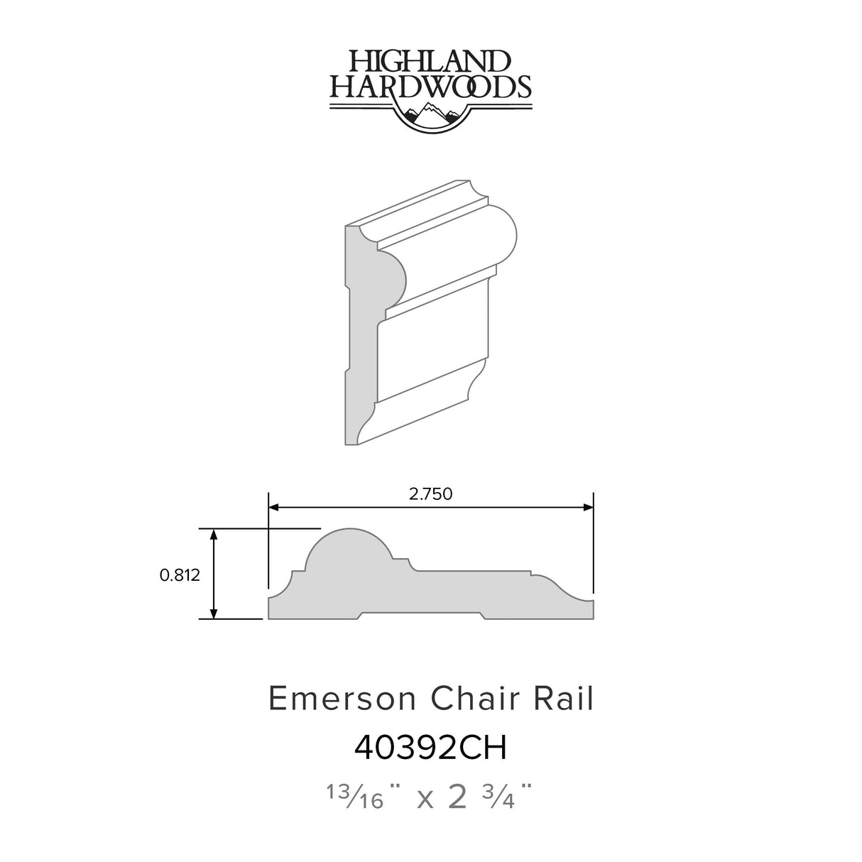 13/16" x 2-3/4" Emerson Primed Poplar Chair Rail profile with factory-primed white finish for interior wall trim and wainscoting applications.