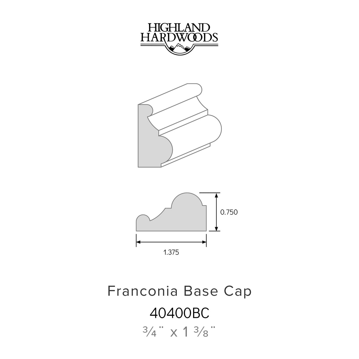 3/4" x 1-3/8" Franconia Primed Poplar Base Cap profile with factory-primed white finish for interior baseboard trim applications.