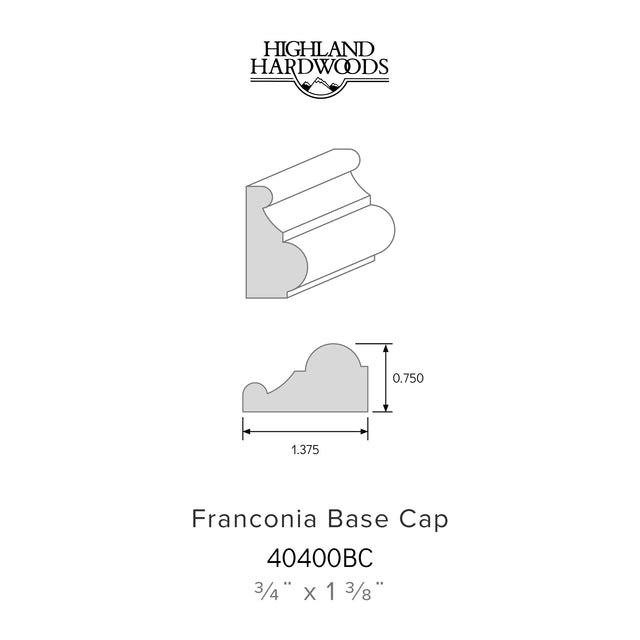 3/4" x 1-3/8" Franconia Primed Poplar Base Cap profile with factory-primed white finish for interior baseboard trim applications.