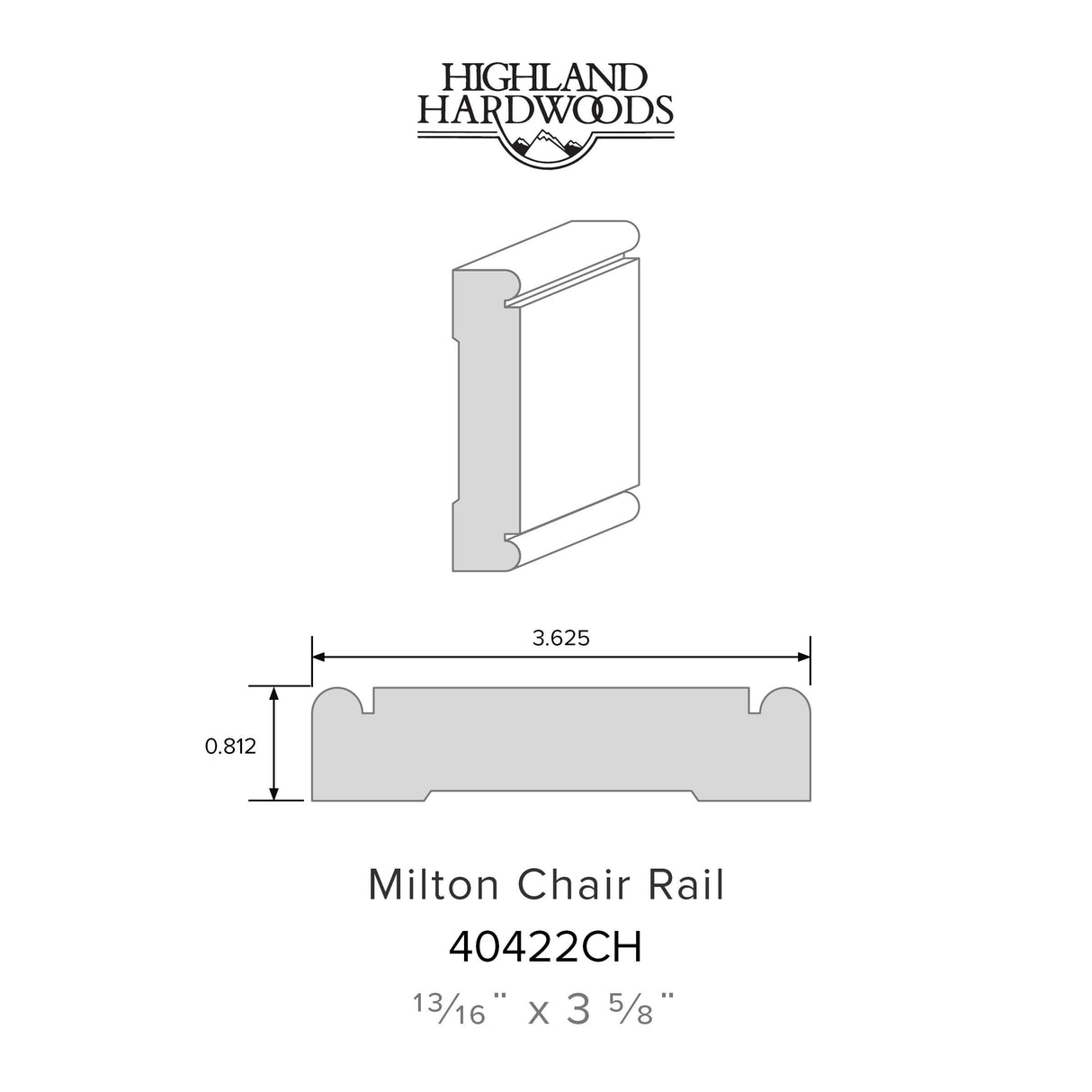 13/16" x 3-5/8" Milton Primed Poplar Chair Rail profile with factory-primed white finish for interior wall trim and wainscoting applications.