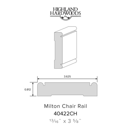 13/16" x 3-5/8" Milton Primed Poplar Chair Rail profile with factory-primed white finish for interior wall trim and wainscoting applications.