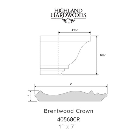 Technical drawing of a Brentwood Crown wood molding with measurements and Highland Hardwoods branding.