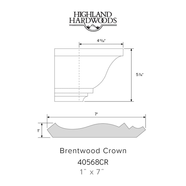 Technical drawing of a Brentwood Crown wood molding with measurements and Highland Hardwoods branding.