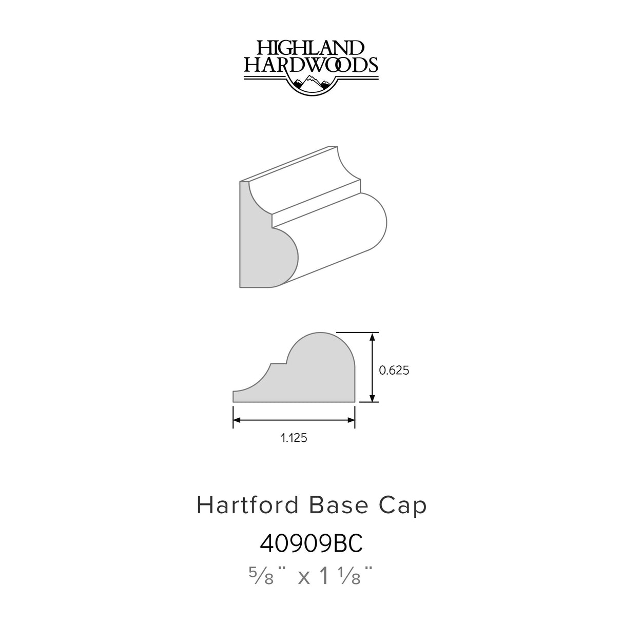 5/8" x 1-1/8" Hartford Primed Poplar Base Cap profile with factory-primed white finish for interior baseboard trim applications.