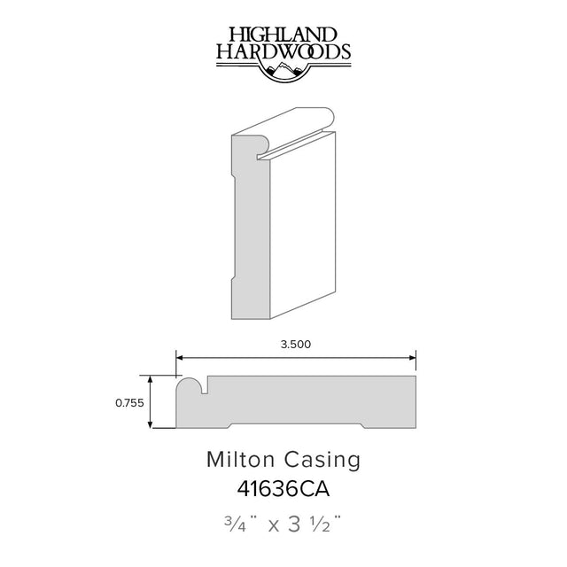 3/4" x 3-1/2" Milton Primed Poplar Casing profile with factory-primed white finish for interior door and window trim applications.