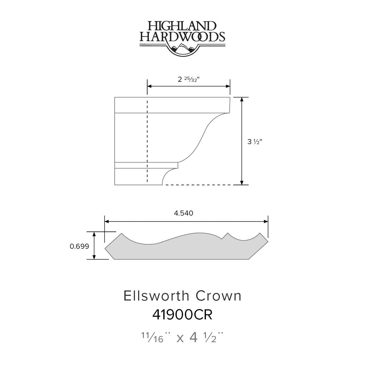 11/16" x 4-1/2" Ellsworth Primed Poplar Crown Moulding profile with factory-primed white finish for interior wall and ceiling trim applications.