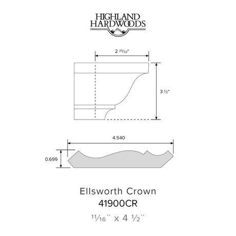 11/16" x 4-1/2" Ellsworth Primed Poplar Crown Moulding profile with factory-primed white finish for interior wall and ceiling trim applications.