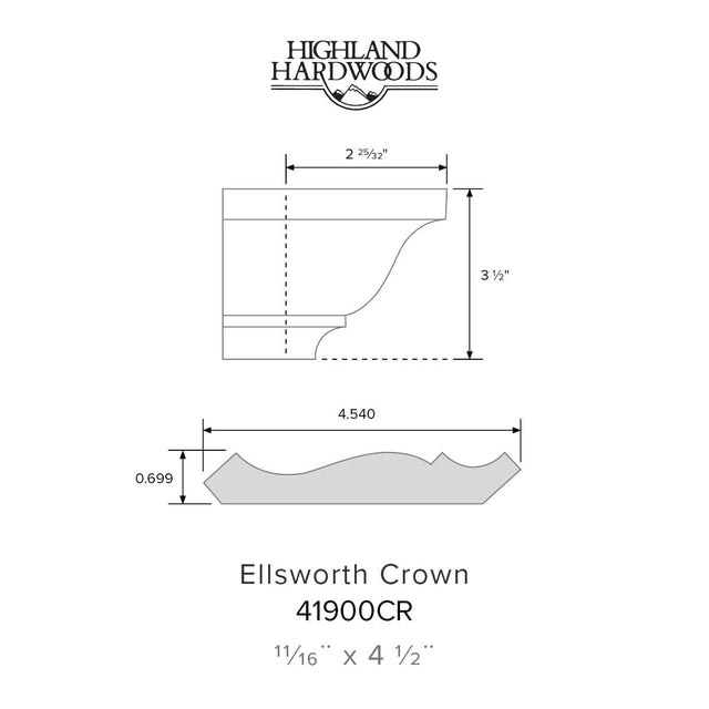 11/16" x 4-1/2" Ellsworth Primed Poplar Crown Moulding profile with factory-primed white finish for interior wall and ceiling trim applications.