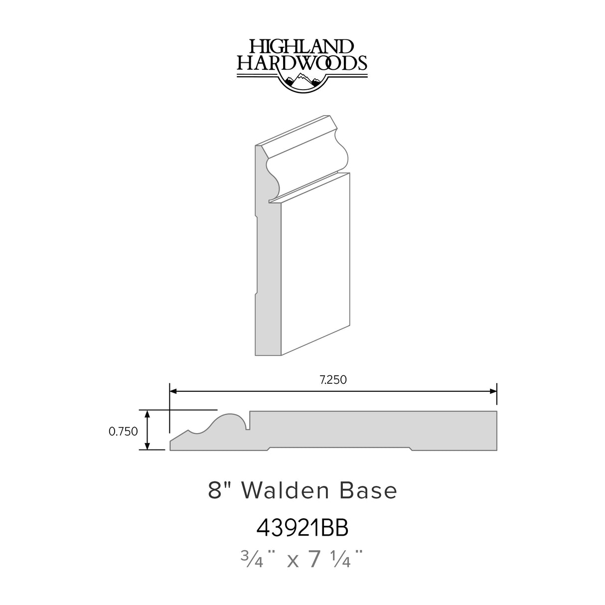 3/4" x 7-1/4" Walden Primed Poplar Base Moulding profile with factory-primed white finish for interior wall and floor trim applications.