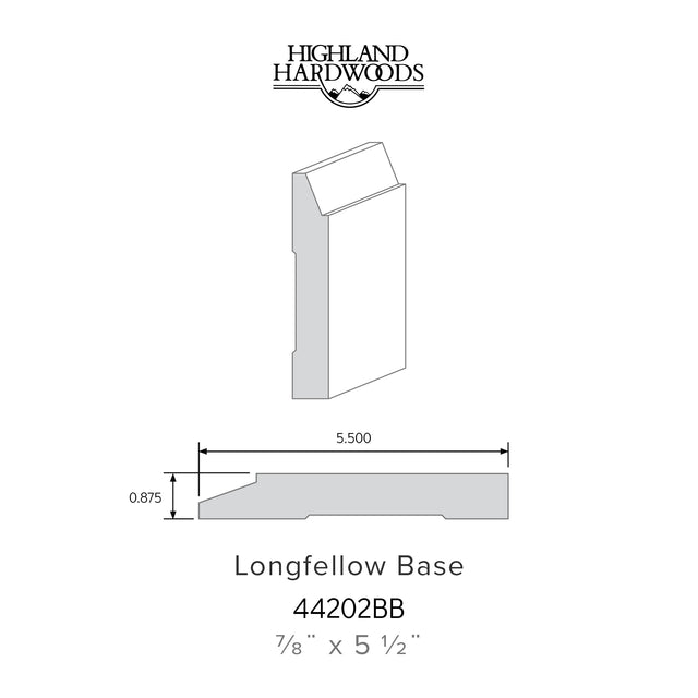 7/8" x 5-1/2" Longfellow Primed Poplar Base Moulding profile with factory-primed white finish for interior wall and floor trim applications.