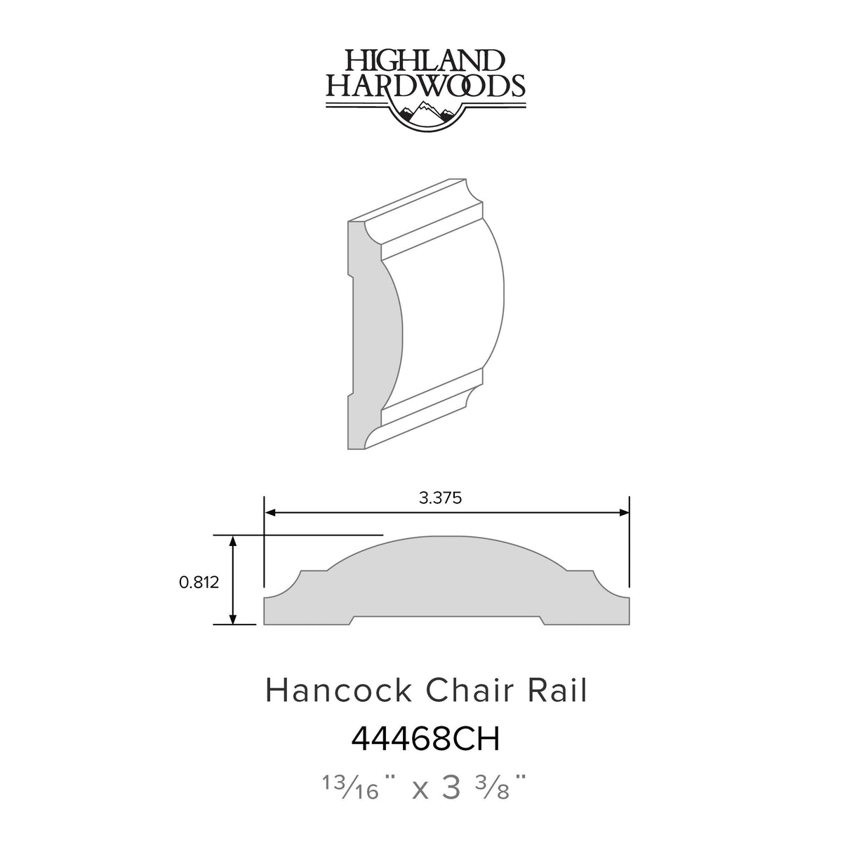13/16" x 3-3/8" Hancock Primed Poplar Chair Rail profile with factory-primed white finish for interior wall trim and wainscoting applications.