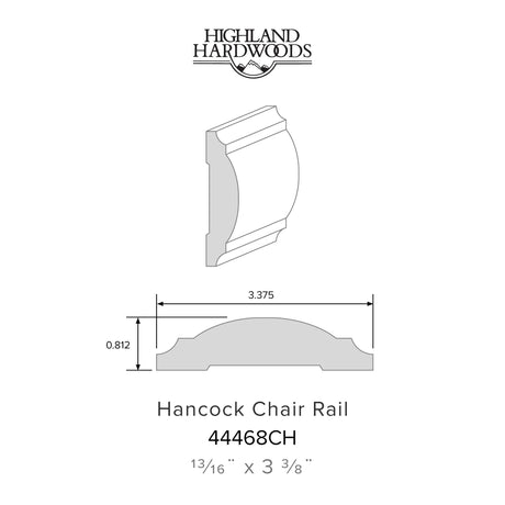 13/16" x 3-3/8" Hancock Primed Poplar Chair Rail profile with factory-primed white finish for interior wall trim and wainscoting applications.