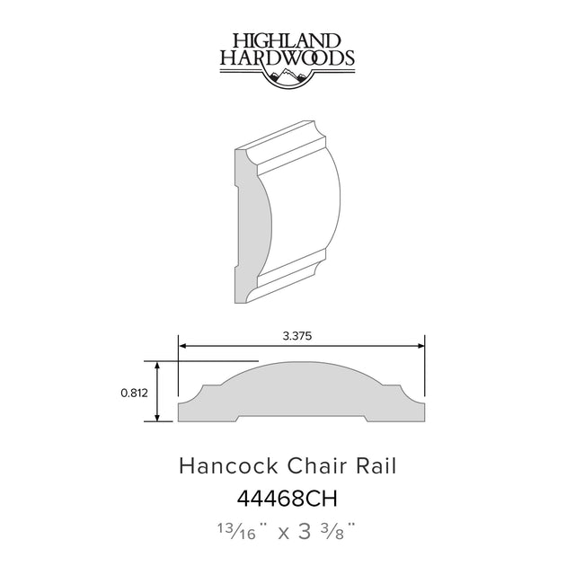 13/16" x 3-3/8" Hancock Primed Poplar Chair Rail profile with factory-primed white finish for interior wall trim and wainscoting applications.