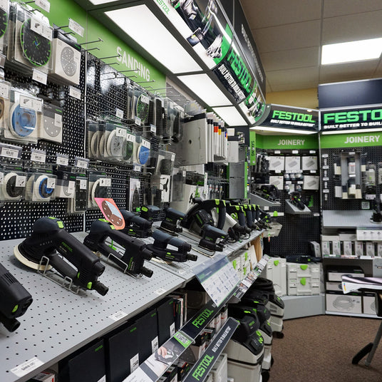 A section of the Highland Hardwoods showroom displaying a variety of Festool products.